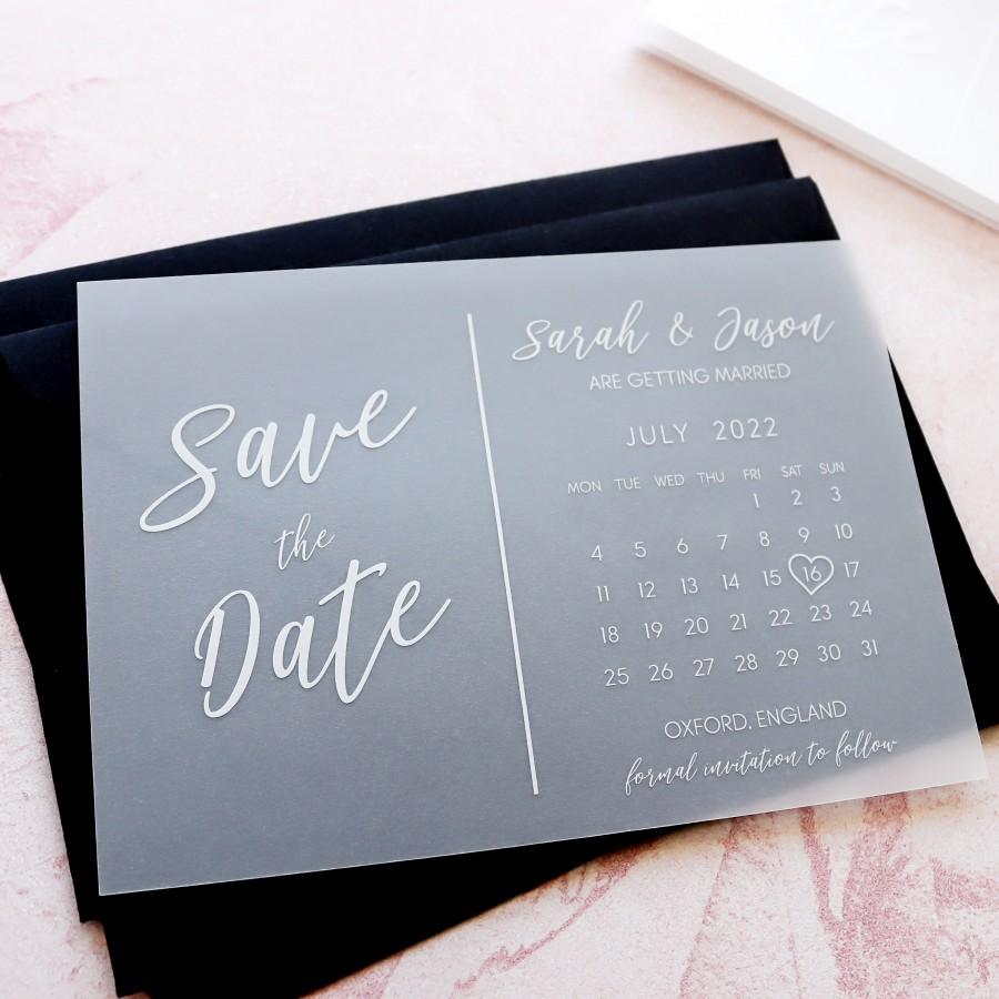 Mariage - Vellum Save the Date Calendar Cards, Modern White Ink Wedding Invites Invitations printed Vellum / Translucent,  FREE envelopes