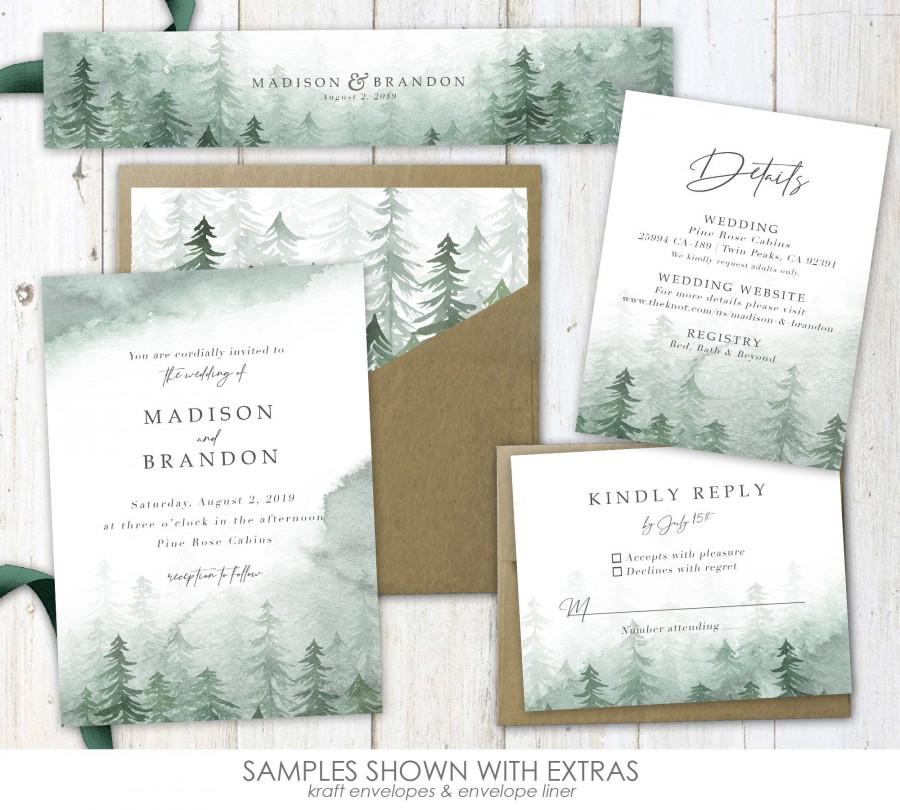 Hochzeit - Forest Watercolor Wedding Invitations, pine tree wedding, wedding invites, wedding invitation, greenery, mountain, forest, green