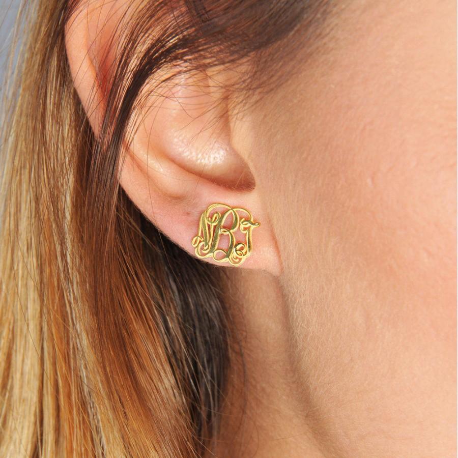 Hochzeit - Gold Monogram Earring-Tiny Earring-Custom Jewelry-Gold Monogram Jewelry-Bridesmaid Gift-Personalized Gift-Personalized Jewelry-JX13