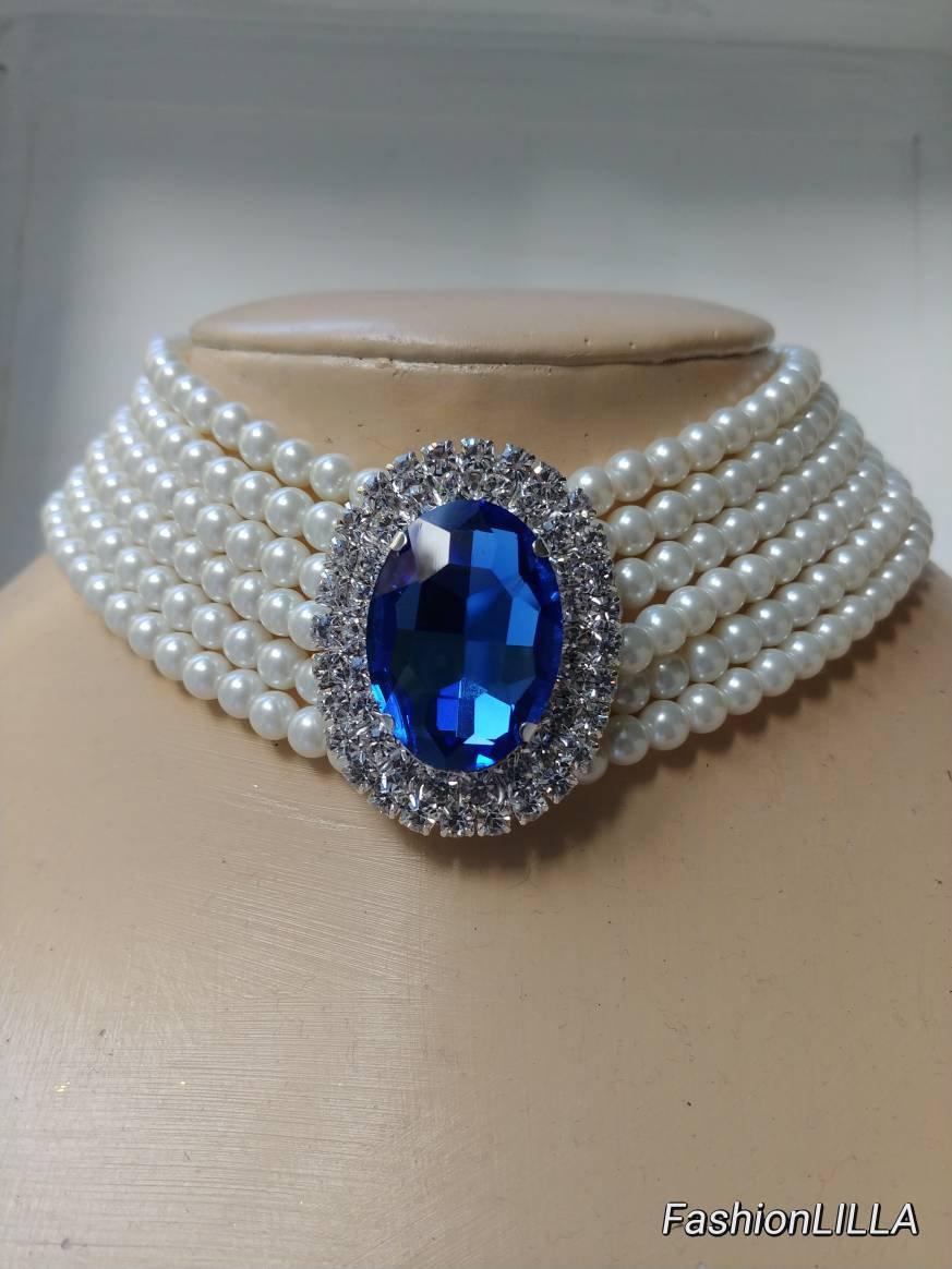 زفاف - six strand pearl sapphire brooch choker,sapphire and diamond brooch necklace,princess Diana sapphire pearl choker,large sapphire brooch