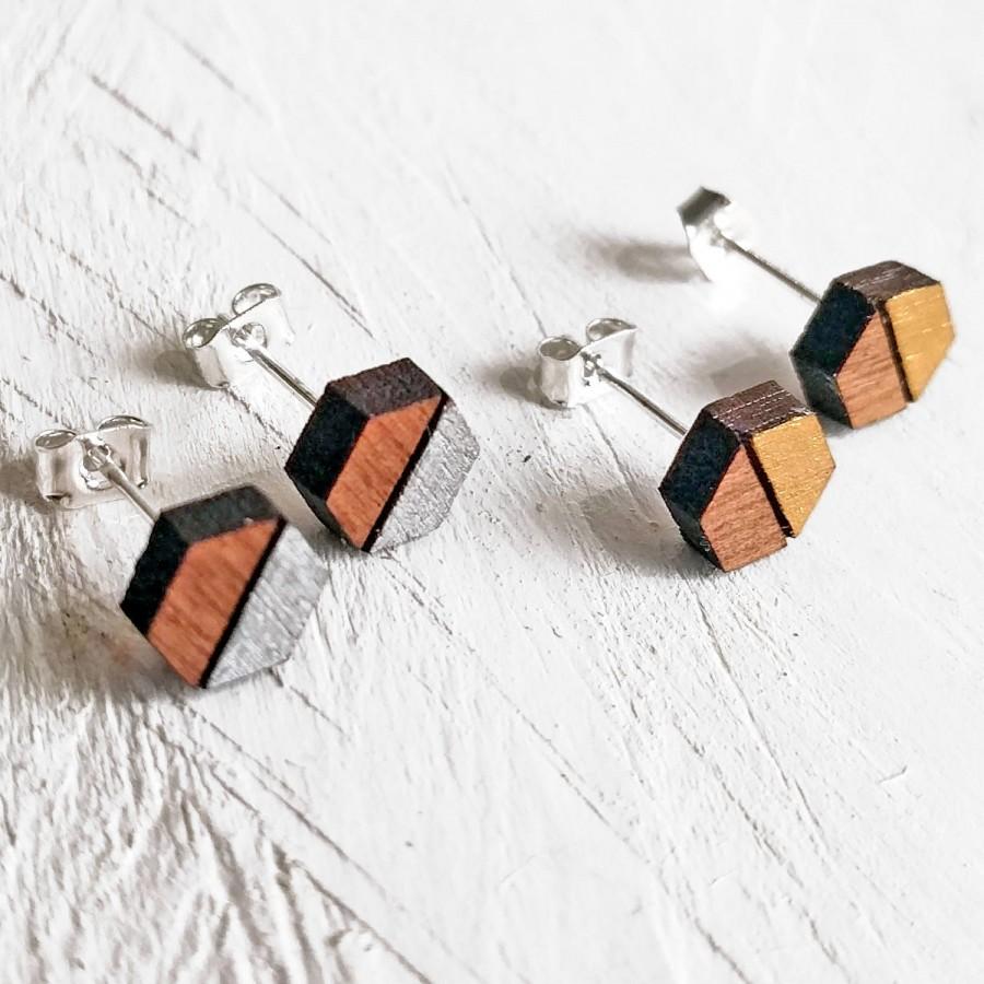 Mariage - Geometric Earrings - Stud Earrings - Wood Earrings - Hexagon Earrings Studs - Anniversary Gift - Silver Walnut Wood