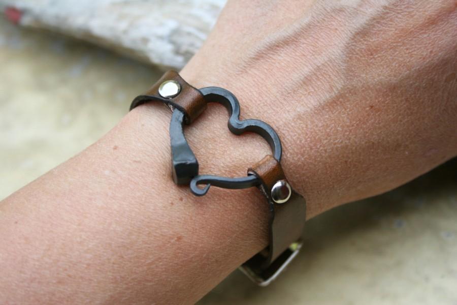 Wedding - Horse Shoe Nail Bracelet, Personalized Horse Lover Bracelet, Hand Forged Iron, Iron Anniversary Gift, Leather Anniversary, Horse Lover