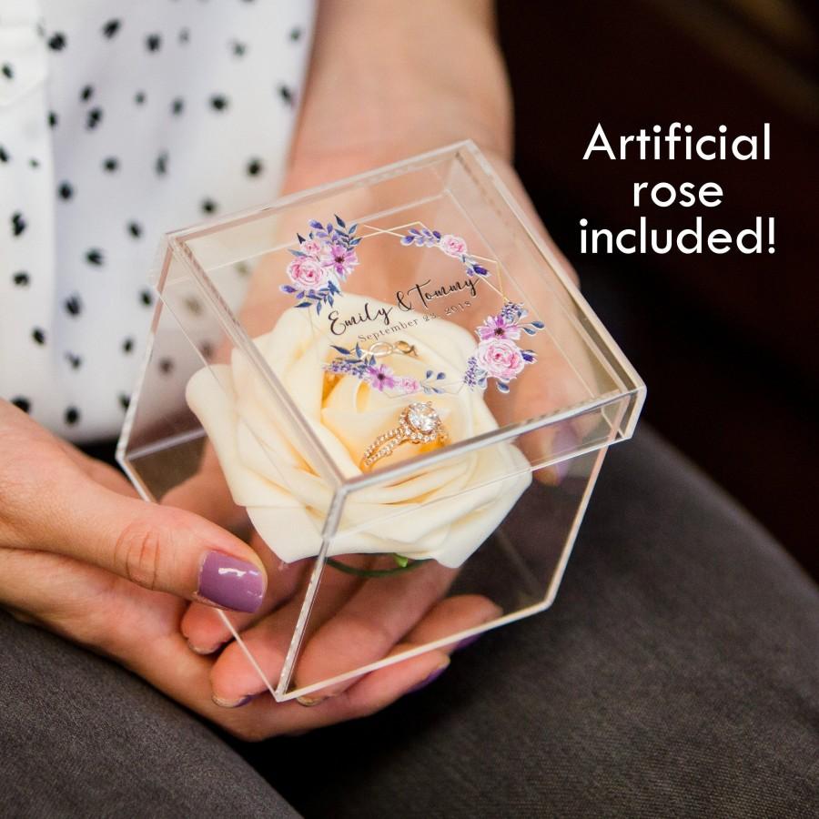 Wedding - Custom Floral Acrylic Ring Box with Rose Ring Holder Included ( Clear Wedding Ring Bearer Box, Personalized Proposal Engagement Ring Box )