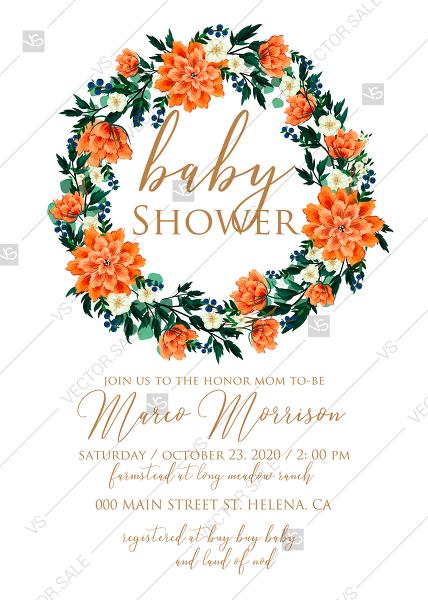 Hochzeit - Baby shower wedding invitation wreath peach peonies, sakura, blooming in Chinese style PDF 5x7 in edit template