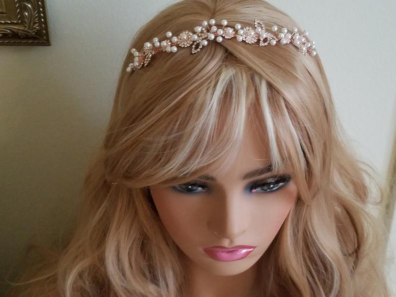 Mariage - Rose Gold Pearl Hair Vine, Rose Gold Crystal Pearl Wreath, Bridal Headband, Wedding Hair Tiara, White Pearl Pink Gold Headpiece, Weddings
