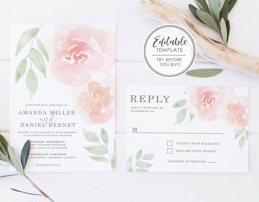 Свадьба - Watercolor Pink Floral Wedding Invitation Set - EDITABLE TEMPLATE