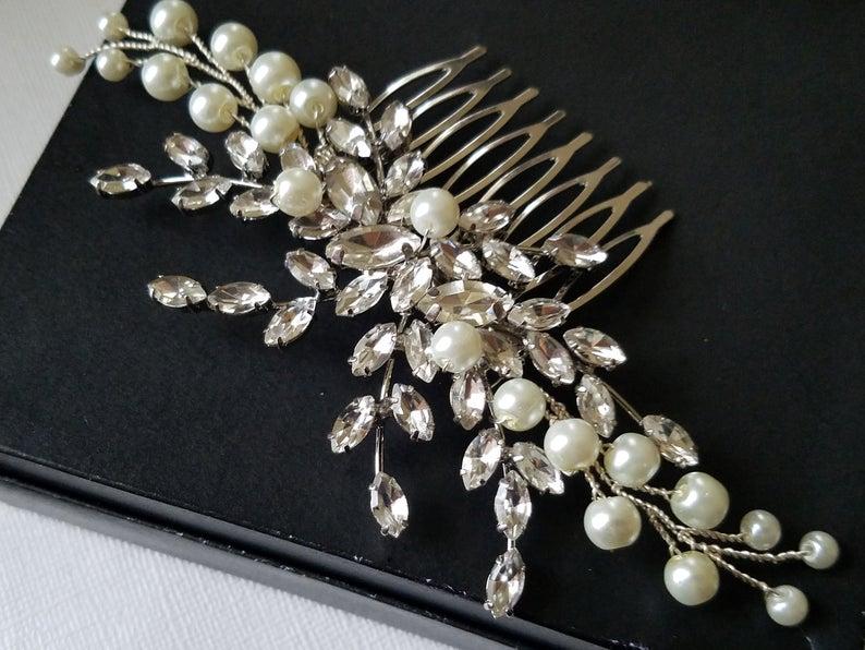 Wedding - Bridal Hair Comb, Crystal Pearl Hair Piece, Ivory Pearl Floral Hairpiece, Wedding Hair Jewelry, Bridal Headpiece, Wedding Crystal Hairpiece