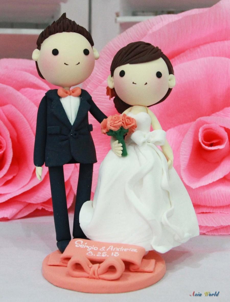 Wedding - Wedding Cake topper, Clay Couple in Peach wedding theme, engagement clay doll decoration, clay rings holder, bridal shower clay figurine