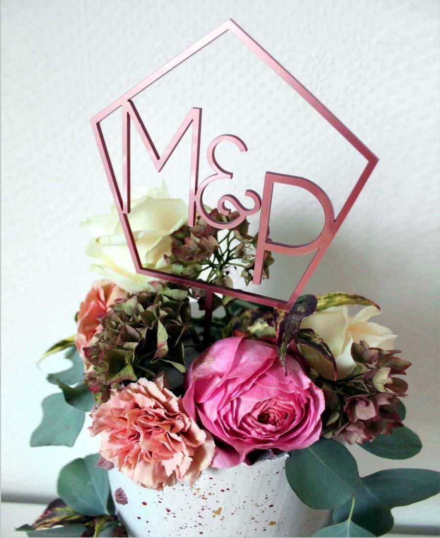 Wedding - Hexagon Wedding Cake Topper With Initials Geometric Personalised Mr & Mrs Modern Simple Laser Cut Acrylic Custom For Engagement Anniversary