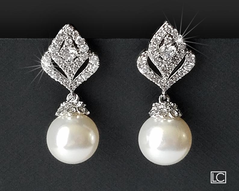 Mariage - Pearl Drop Bridal Earrings, Swarovski White Pearl Silver Earrings, Pearl Silver CZ Earring Studs, Wedding Earrings, Pearl Bridal Jewelry