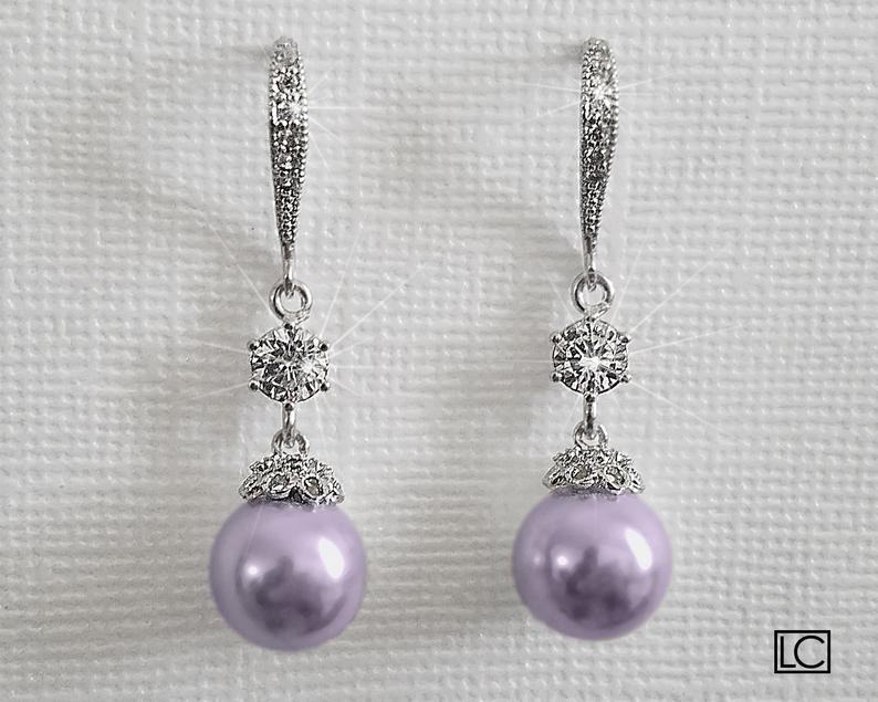 Hochzeit - Lavender Pearl Wedding Earrings, Swarovski Pearl Chandelier Earrings, Lilac Pearl Bridal Earrings, Lavender Bridesmaid Jewelry Prom Earrings