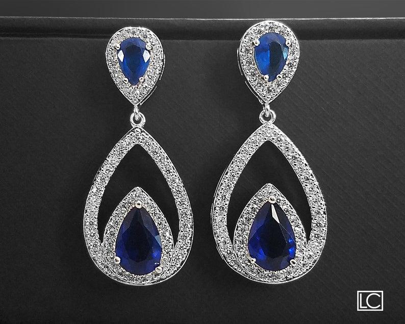 Hochzeit - Blue Crystal Bridal Earrings, Navy Blue Cubic Zirconia Earrings, Teardrop Wedding Earrings, Statement Earrings, Royal Blue Dangle Earrings