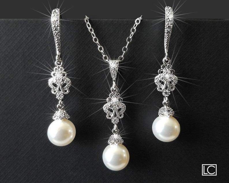 Wedding - Pearl Bridal Jewelry Set, White Pearl Earrings&Necklace Set, Swarovski Pearl Silver Jewelry Set, Wedding Pearl Jewelry, Bridesmaids Jewelry