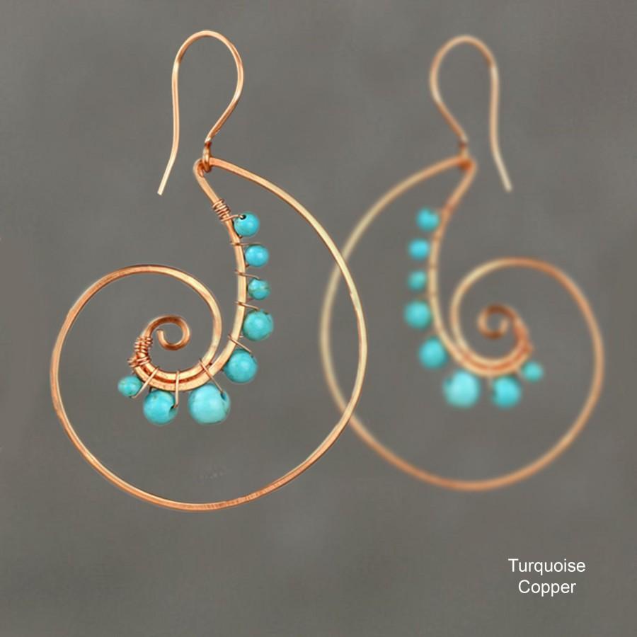 Wedding - Spiral shell earrings,Turquoise earrings,Hoop earrings,Personalized jewelry, Free US shipping