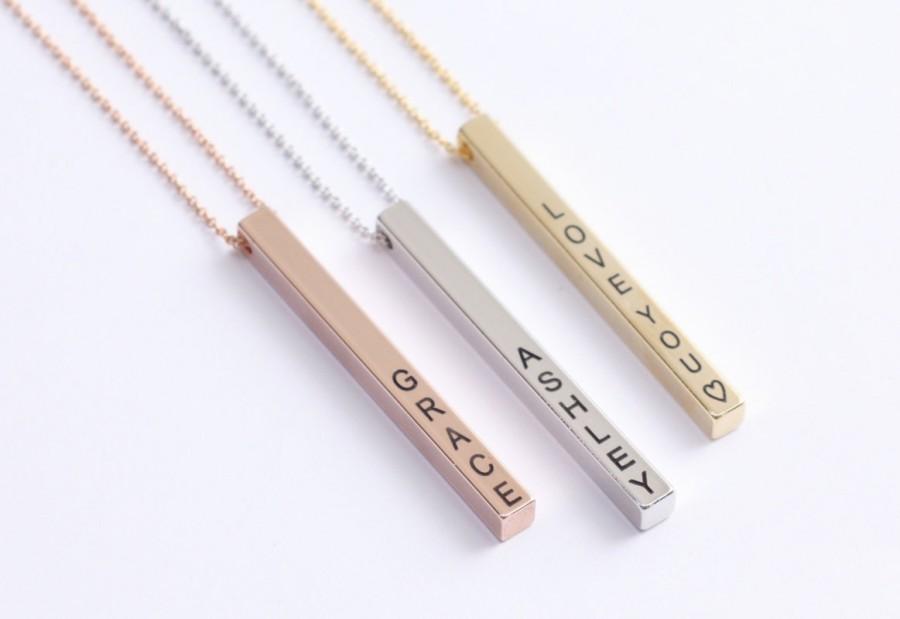 Свадьба - Long Vertical Bar Necklace, Custom Necklace, Personalized Bar Necklace, Engraved Necklace, Name Bar Necklace, 3D Bar Necklace