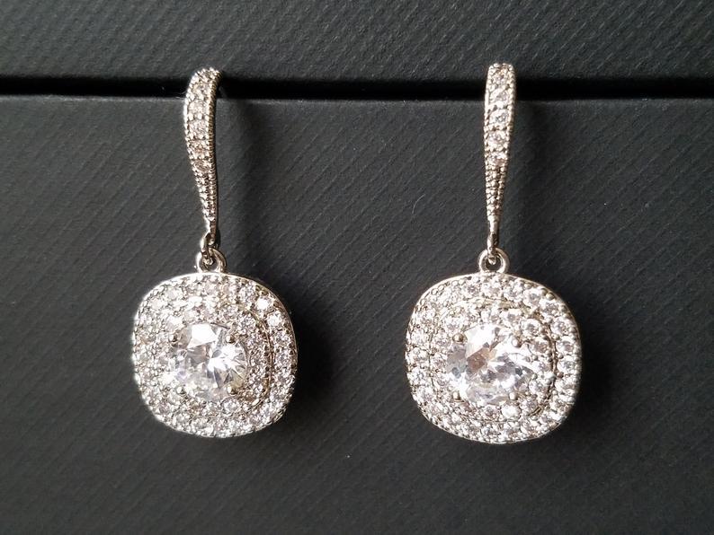 Wedding - Crystal Bridal Earrings, Wedding Cubic Zirconia Halo Earrings, Square Crystal Earrings, Sparkly Earrings, Bridal Jewelry, Wedding Jewelry