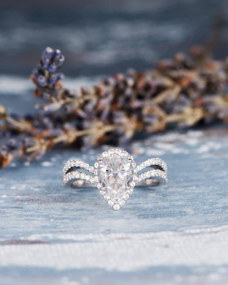 Свадьба - Unique Moissanite Engagement Ring Pear Shaped Antique Wedding Women Split Shank Art Deco White Gold Halo Anniversary Gift Personalized