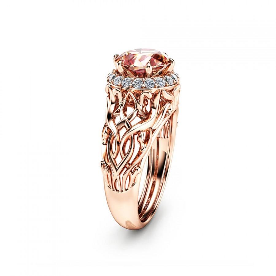 Wedding - Peach Pink Morganite Engagement Ring Unique 14K Rose Gold Ring 2 Carat Morganite Halo Ring  Filigree Engagement Ring