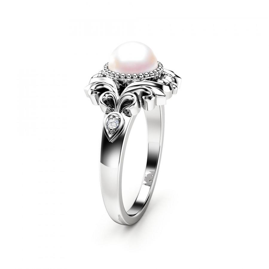 Wedding - Pearl Engagement Ring White Gold Ring Vintage Engagement Ring Gold Pearl Ring
