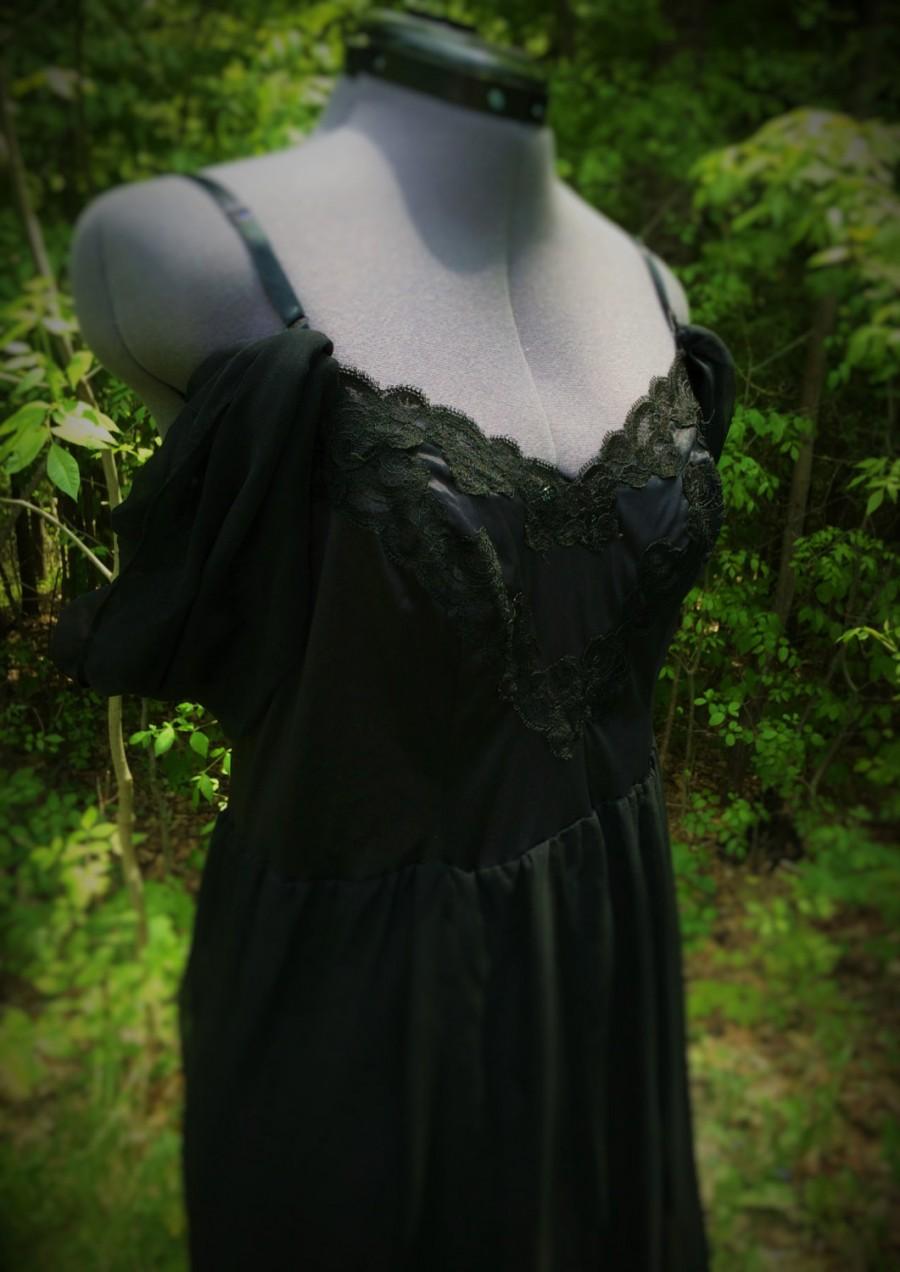 Wedding - Black vintage slip dress with silk chiffon and drape sleeves, black bridesmaid dress