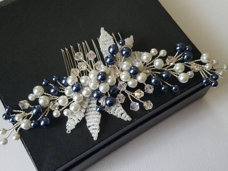 زفاف - Bridal Pearl Hair Comb, Navy Blue White Pearl Headpiece, Wedding Floral Hair Piece, Bridal Pearl Hair Jewelry, Pearl Leaf Wedding Headpiece