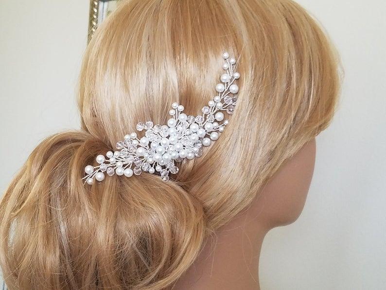 Mariage - Pearl Bridal Hair Comb, White Pearl Hair Piece, Wedding Headpiece, Pearl Crystal Hairpiece, Bridal Hair Jewelry, Wedding Crystal Pearl Comb