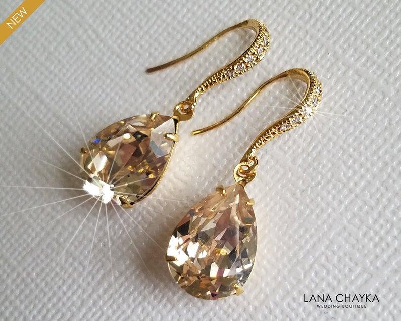 Hochzeit - Champagne Crystal Gold Earrings, Wedding Teardrop Dangle Earrings, Swarovski Light Silk Earrings, Champagne Gold Jewelry, Bridesmaid Jewelry