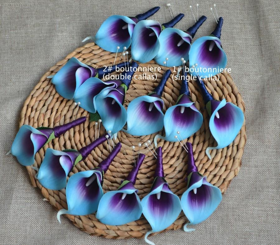 Свадьба - Real Touch Calla Lily Boutonnieres Turquoise Purple Wedding Boutonnieres Prom Corsages