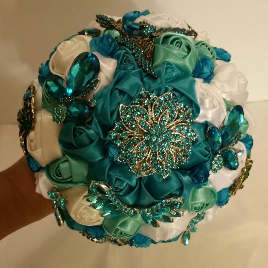 Wedding - Beautiful Teal white sage and off white Brooch Bouquet