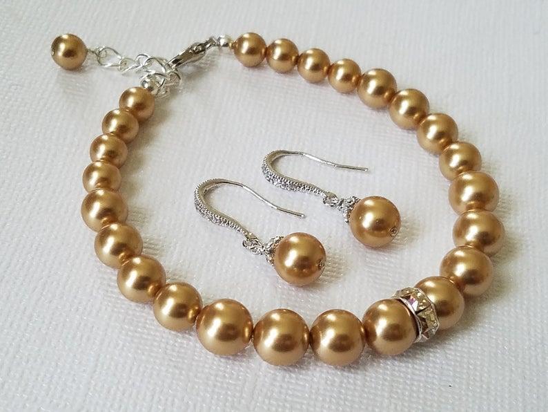 Hochzeit - Golden Pearl Jewelry Set, Wedding Earrings&Bracelet Pearl Set, Swarovski Bright Gold Silver Set, Wedding Yellow Pearl Jewelry Bridal Jewelry