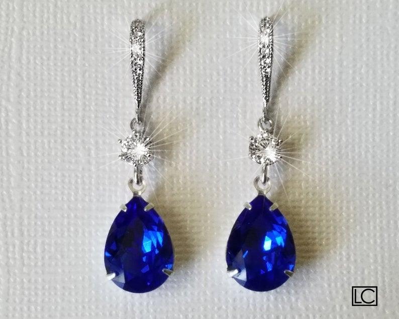 زفاف - Blue Crystal Earrings, Swarovski Majestic Blue Silver Earrings, Cobalt Blue Sapphire Teardrop Earrings Royal Blue Wedding Bridesmaid Jewelry