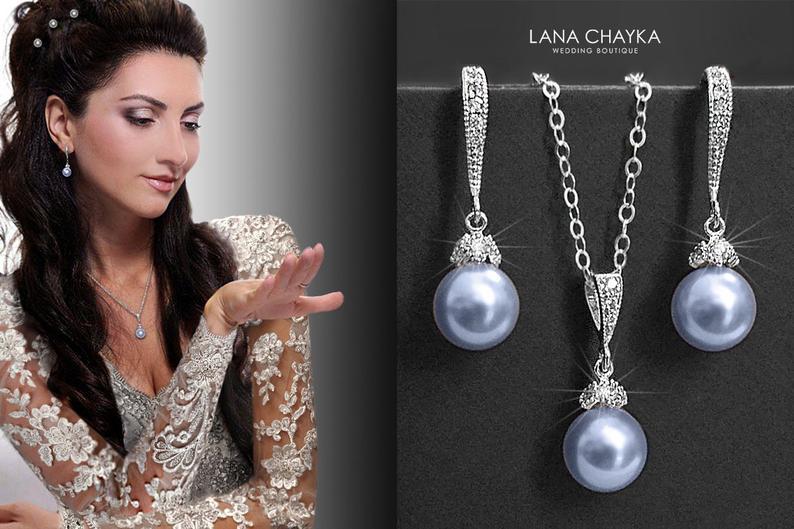 Mariage - Blue Pearl Bridal Jewelry Set, Swarovski 8mm Light Blue Earrings&Necklace Set, Bridal Jewelry Set, Bridesmaids Gift Jewelry, Wedding Jewelry