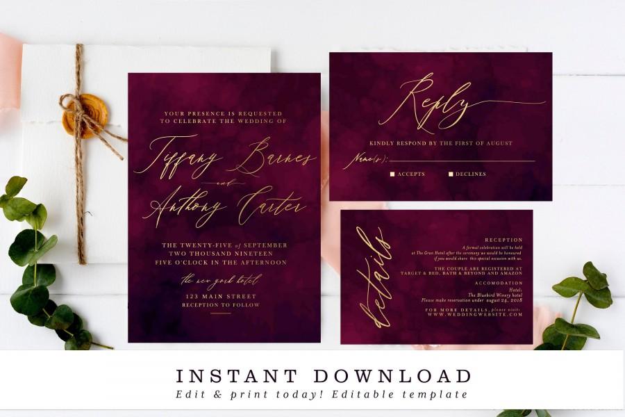 Wedding - Burgundy Wedding Invitation Editable Template, Printable Wedding Invitation Suite, 100% Editable Template RSVP, Details Card, Templett