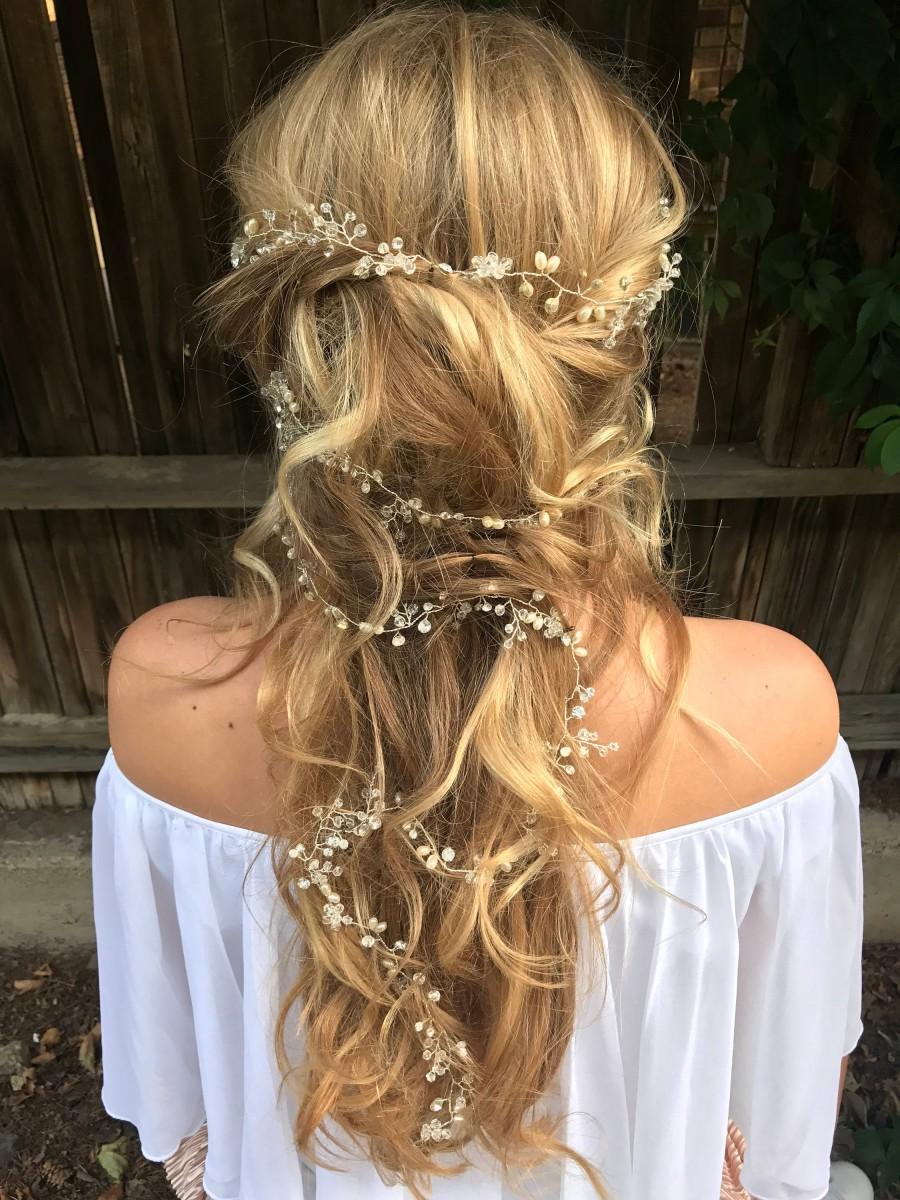 Wedding - Long Silver Hair Vine, Pearl Hair Vine, Crystal Hair Vine, Wedding Hair Accessory, Bridal Hair Wreath, Rhinestone Hair Vine