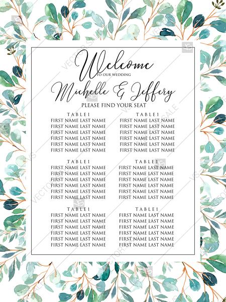 Mariage - Seating chart Greenery wedding invitation set watercolor herbal background PDF 18x24 in edit template