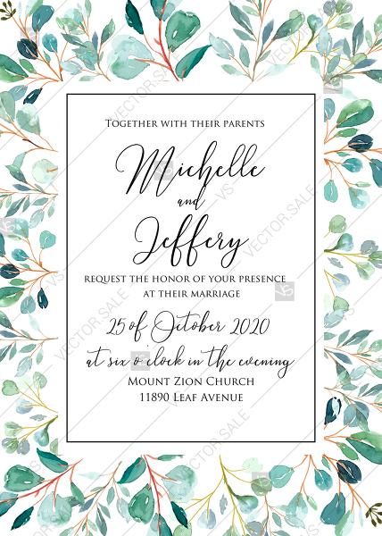 Свадьба - Greenery wedding invitation set watercolor herbal background PDF 5x7 in
