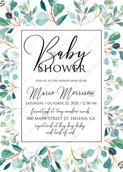 Mariage - Baby shower Greenery wedding invitation set watercolor herbal background PDF 5x7 in invitation maker