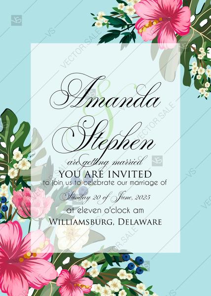 Hochzeit - Hibiscus wedding invitation card template blue background