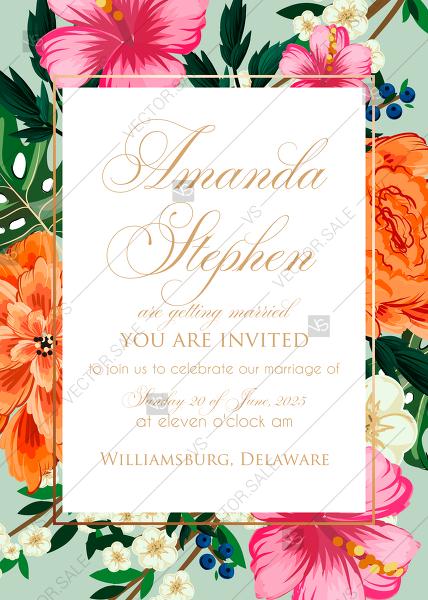 Wedding - Hibiscus wedding invitation card template aloha peach chrysanthemum invitation editor