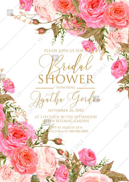 Hochzeit - Bridal shower wedding invitation set pink garden peony rose greenery PDF 5x7 in invitation maker
