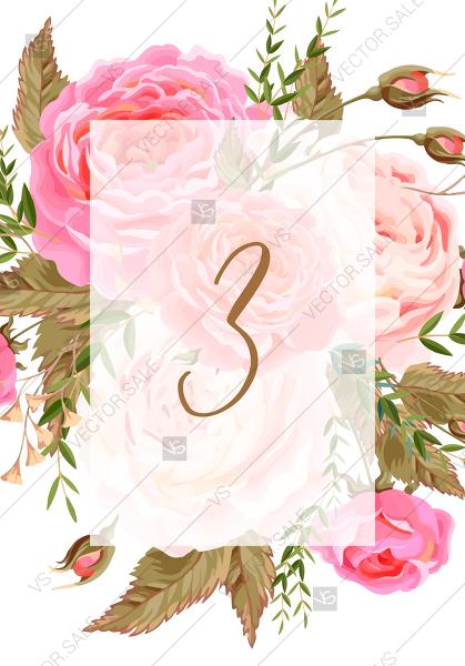 Wedding - Table seating card wedding invitation set pink garden peony rose greenery PDF 3.5x5 in edit template