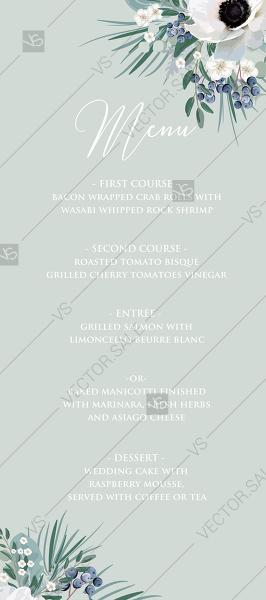 Mariage - Menu design wedding invitation set white anemone menthol greenery berry PDF 4x9 in customize online