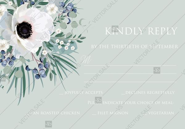 Hochzeit - RSVP card wedding invitation set white anemone menthol greenery berry PDF 5x3.5 in personalized invitation