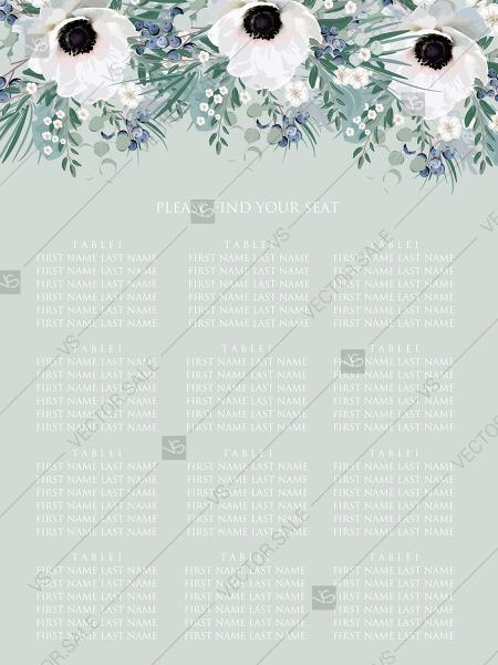 Hochzeit - Seating chart wedding invitation set white anemone menthol greenery berry PDF 18x24 in edit template