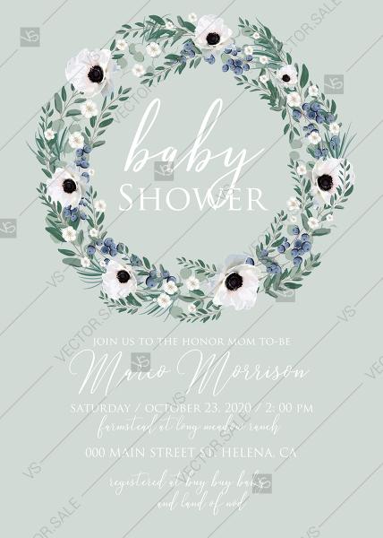Wedding - Baby shower wedding invitation set white anemone menthol greenery berry PDF 5x7 in