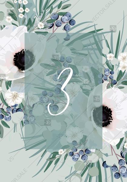 زفاف - Place card wedding invitation set white anemone menthol greenery berry PDF 3.5x5 in customizable template