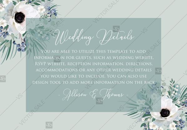 Hochzeit - Wedding details invitation set white anemone menthol greenery berry PDF 5x3.5 in online maker