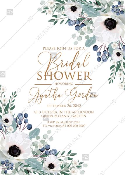 Hochzeit - White anemone bridal shower greenery wedding invitation set menthol greenery berry PDF 5x7 in create online
