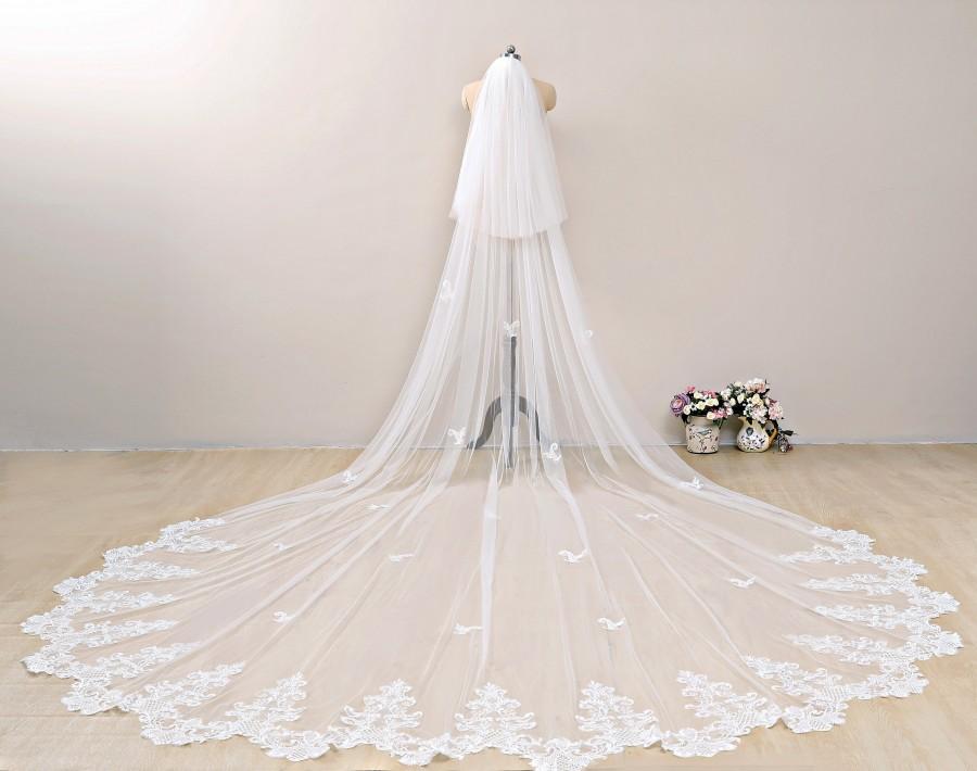 زفاف - Vintage White/Ivory Lace Wedding Veil, Two Tier Lace Cathedral Veil, Cathedral Blusher Veil, Chapel Veil with Lace, Blusher Wedding Veil