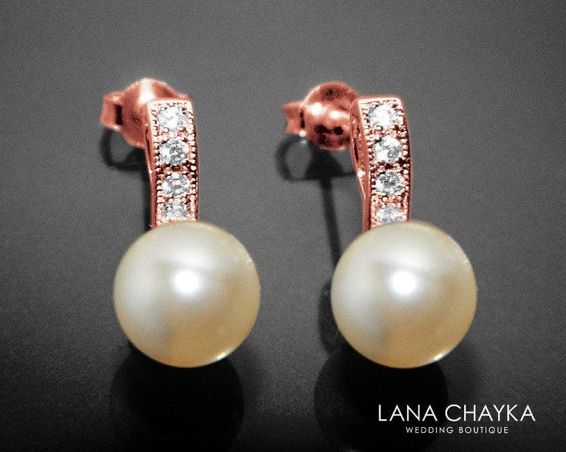 زفاف - Ivory Pearl Rose Gold Bridal Earrings Small Pearl CZ Stud Earring Swarovski 8mm Pearl Pink Gold Earrings Wedding Bridal Bridesmaid Jewelry